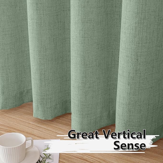 Tollpiz Linen Curtain Bedroom Rod Pocket Semi Sheer Curtains Burlap Light Filtering Thick Linen Drape for Living Room, 38 x 84 inches Long, Sage Green, Set of 2 Panels