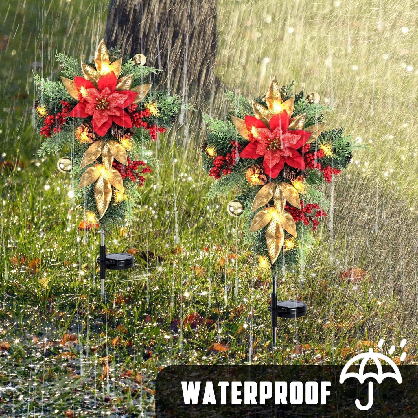 2 Pack 36" Solar Christmas Decorations Outdoor Christmas Cross Stake Lights Waterproof Cemetery Grave Decoration Faux Poinsettia Pine Cones Berries Ornament Stakes for Garden Yard Patio Lawn Cemetery