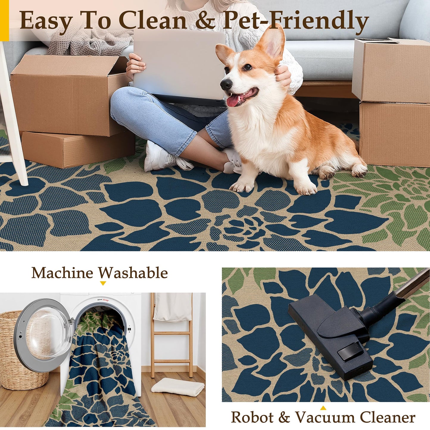 PureCozy 5x7 Easy Jute Outdoor Rug Navy/Green Floral Textured Indoor Outdoor Area Rug Farmhouse Patio Carpet for Backyard, Patio, Porch, Easy-Cleaning, High Traffic, Pet-Friendly, Non-Shedding