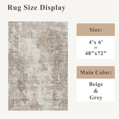 4x6 Washable Entryway Rug – Non-Slip Low-Pile Small Area Rug for Kitchen Bedroom Living Room Office – Modern Abstract Neutral Throw Carpet with Rubber Backing (Beige, Grey)