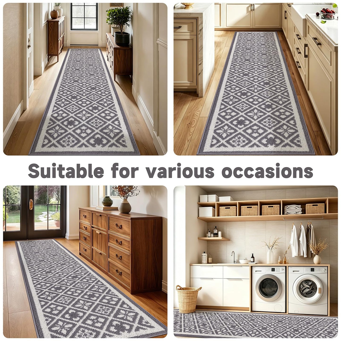 Ileading Hallway Runner Rug 2x10 ft,Washable Indoor Grey Entryway Carpet with Non Slip Rubber Backing,Low Pile Heavy Duty Kitchen Floor Mat for Entrance & High Traffic Areas