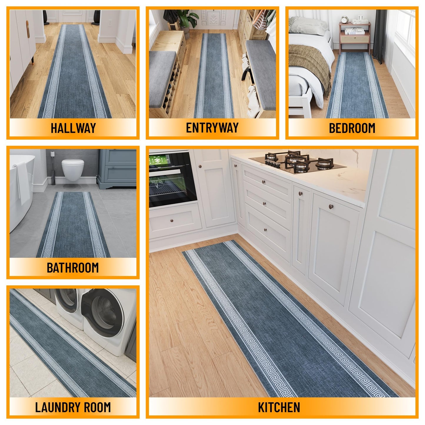 Ottomanson Kitchen Runner Rug 1'10.5" x 6' – Machine Washable Soft Non-Slip Rug, Quick Dry Low Pile Carpet for Kitchen, Bathroom & Entryway, Greek Border Greyish Blue