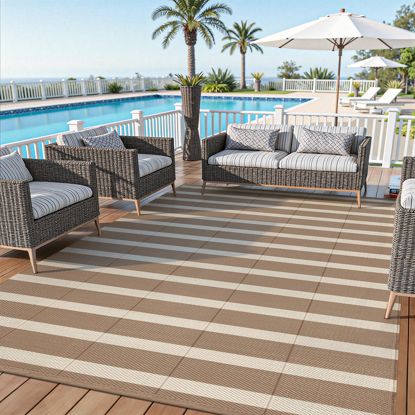 Vaukki Waterproof Outdoor Rug 5x8, Reversible Striped Patio Rug, Lightweight Plastic Straw Camping Mat, Indoor Outdoor RV Carpet for Outsides, Patio, Camping, Balcony, RV and Deck, Brown and Beige