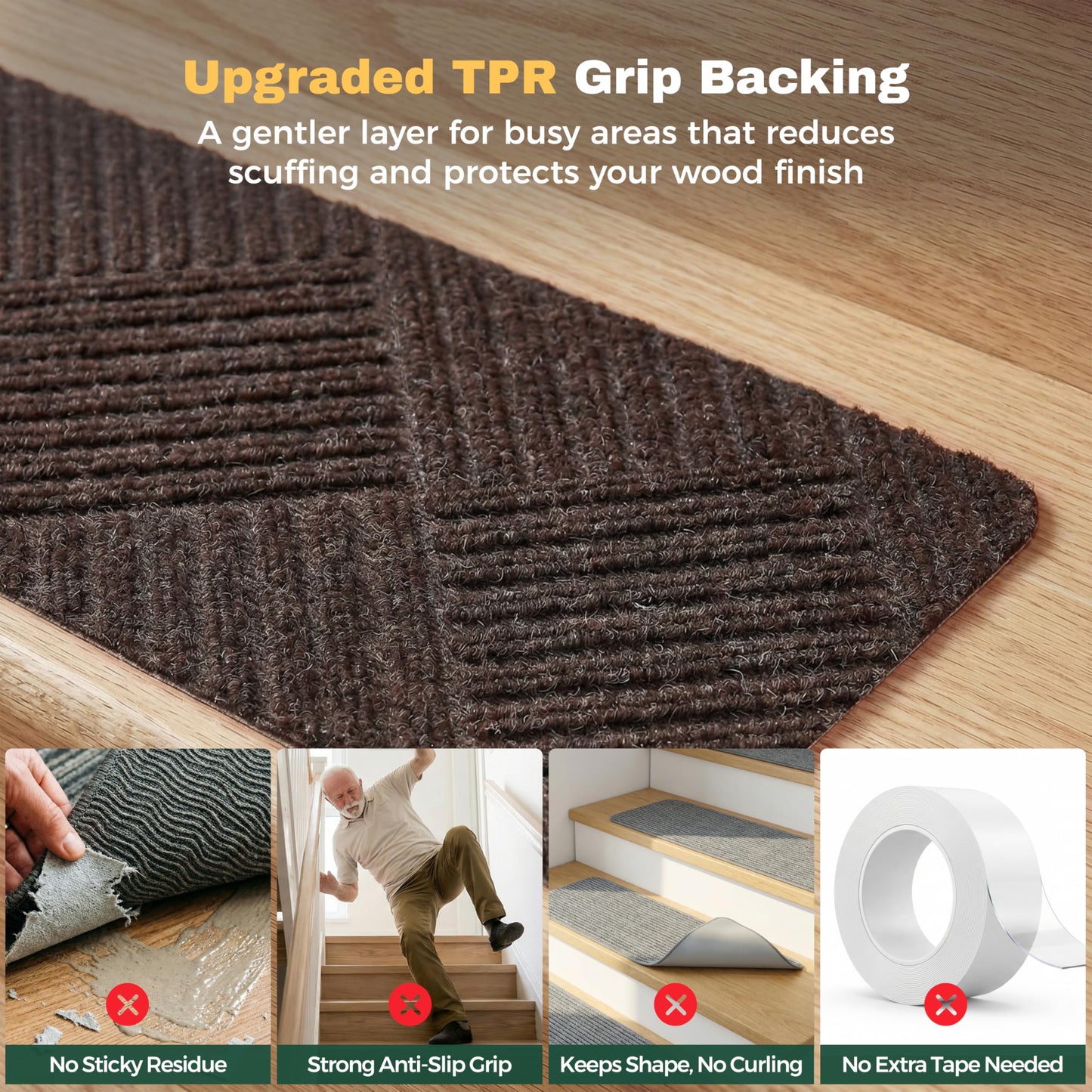 MBIGM 8 X 30inches, 15 in Pack, Non-Slip Carpet Stair Treads Non-Skid Safety Rug Slip Resistant Indoor Runner for Kids Elders and Pets with Reusable Adhesive, Brown Weave