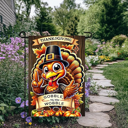 Thanksgiving Turkey Garden Flag 12x18 Inch Welcome Gobble Til You Wobble Outdoor Flag Double Sided Fall Autumn Yard Banner with Cartoon Pilgrim Turkey and Pumpkins for Porch Lawn Patio