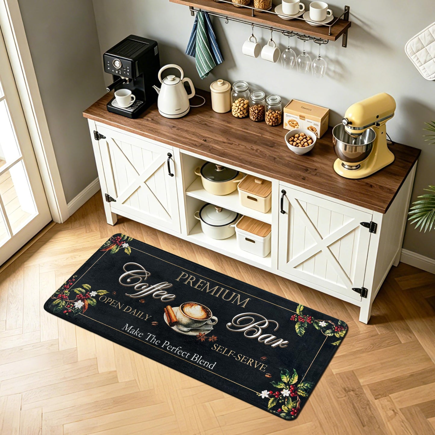 XSYarn Coffee Kitchen Rug, 20"x48" Coffee Bar Rug Low-Pile Kitchen Runner with Non-Slip TPR Backing Washable Floor Mat Home Decor Black