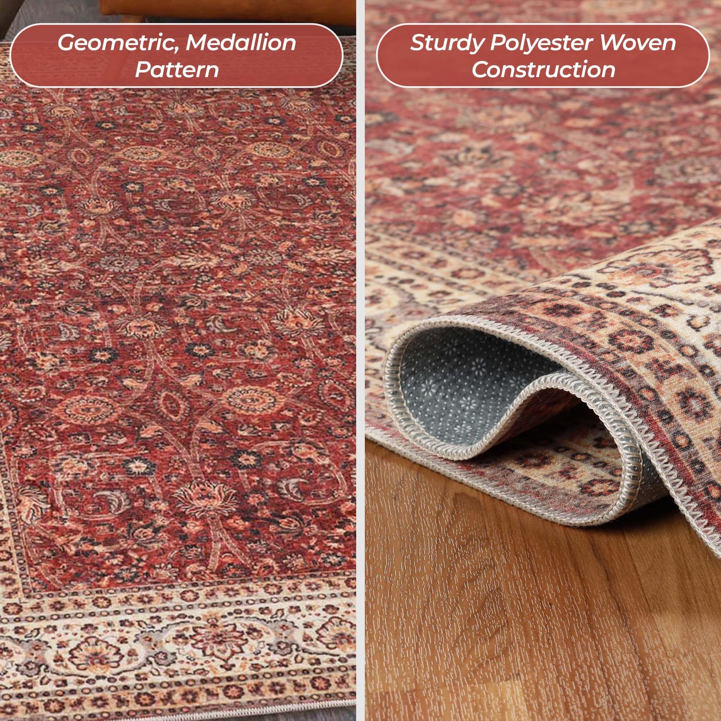 Superior Boho Floral Medallion Washable Rug, Non-Skid Backing, Pet & Kid Friendly, Easy Care, Non-Slip Rugs for Living Room, Kitchen, Bedroom, Low Pile Area Rug, Toucan Collection, 9' x 12', Beige