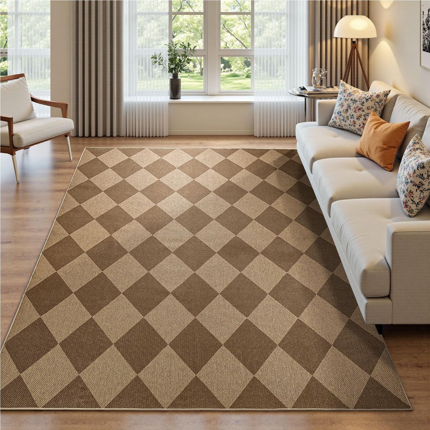 EDIMENS Checkered Easy Jute Area Rugs, 5x7 Outdoor Patio Rug for Entryway Indoor Outdoor Living Room Carpet, Brown Washable Non Slip Diamond Farmhouse Carpet for Backyard Front Porch Patio Balcony
