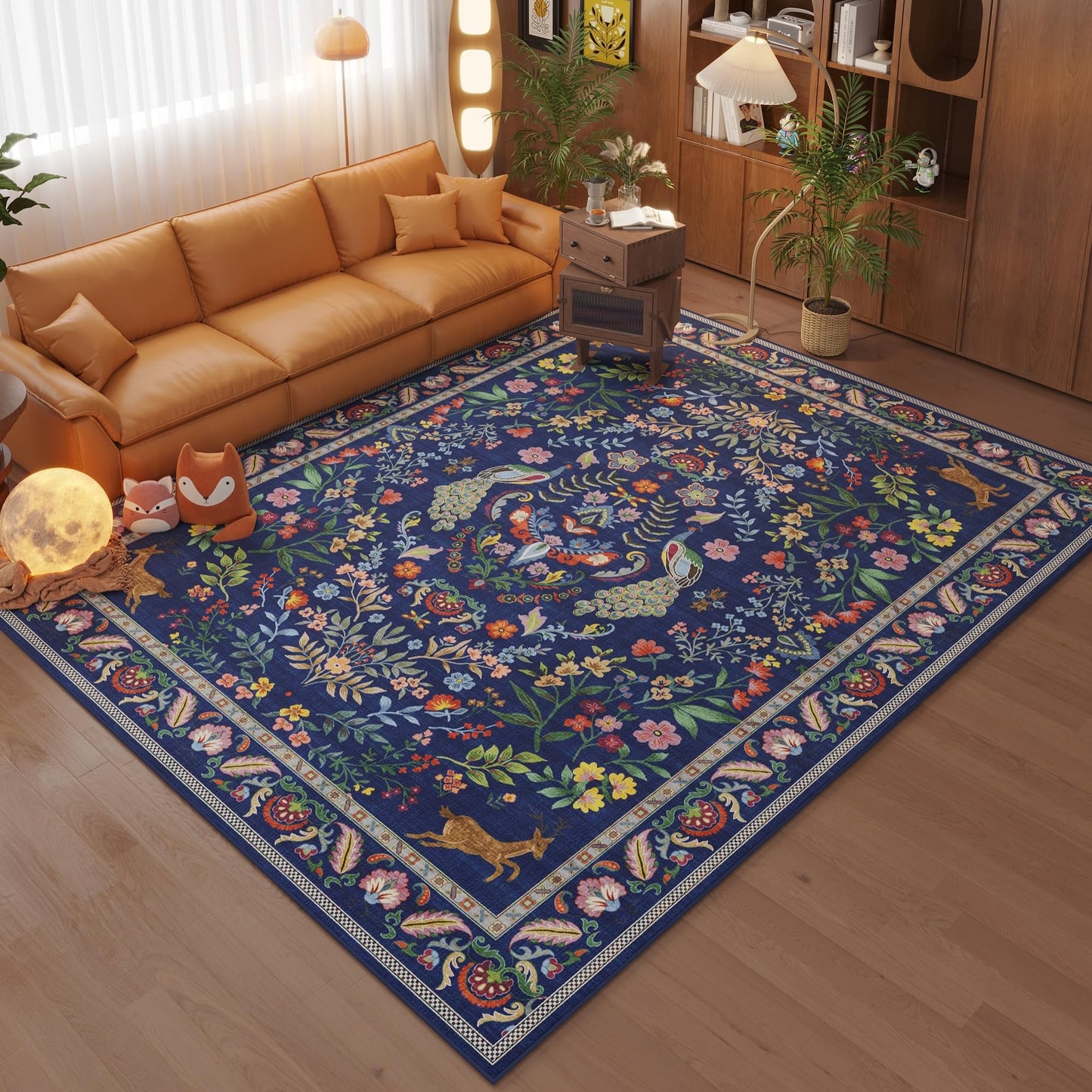 Rugcomf Area Rug 4x6 Rug Washable Rugs Floral Non Slip Low Pile Small Carpet for Bedroom, Bedside, Kids Room, Office, Dining Room(Blue)