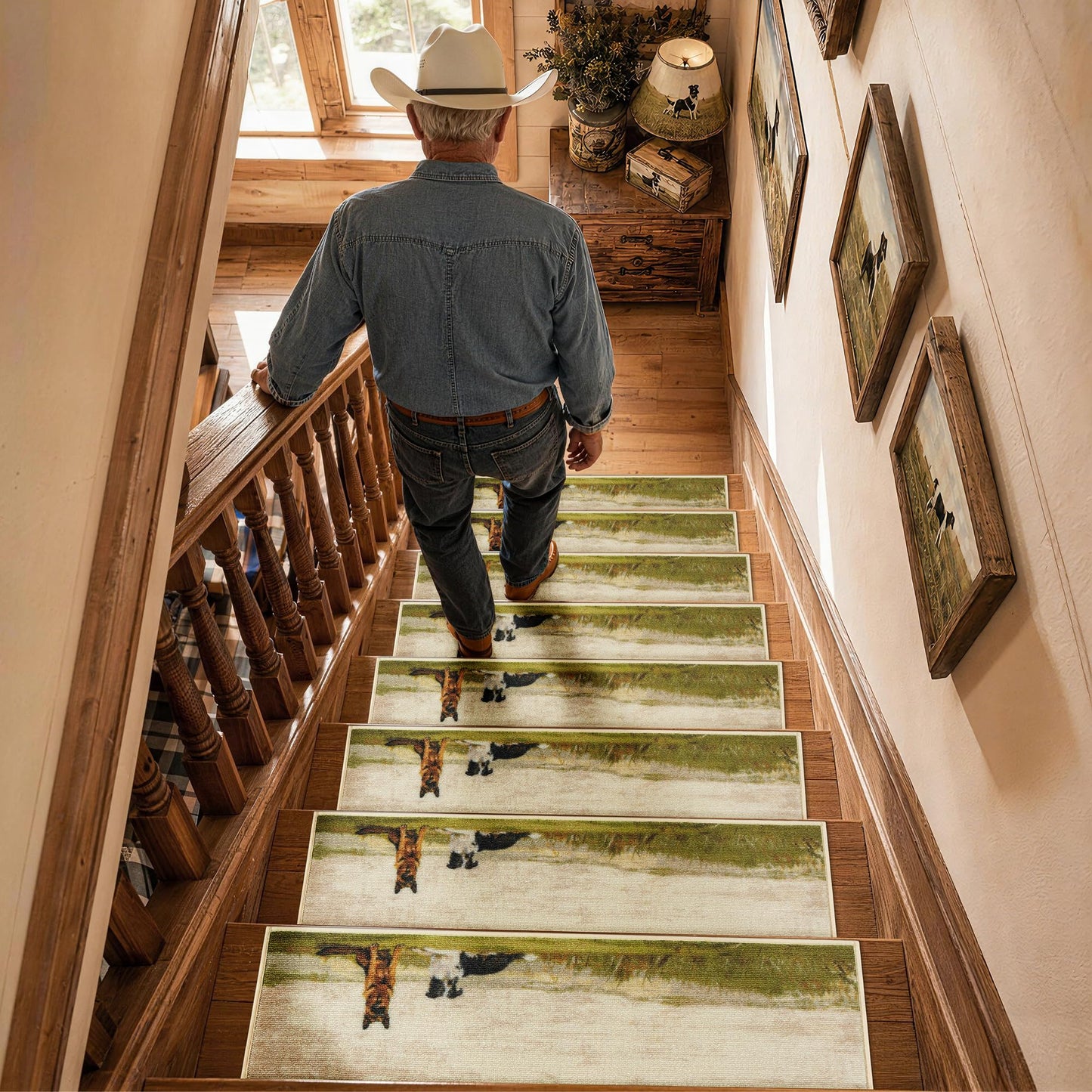 Stair Treads for Wooden Steps Non Slip 8x30, Stair Carpet Treads with Patented TPE Grip, Machine Washable Stair Pads for Wood Stairs Indoor, Country Dogs, Set of 4
