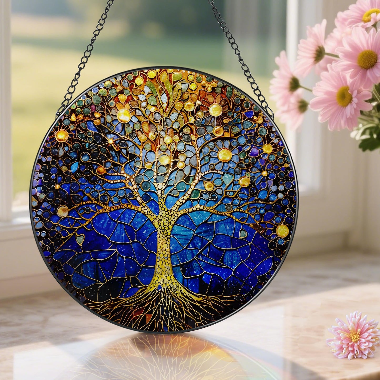 8-Inch Stained Glass Tree of Life Ornament, Stained Glass Window Hanging, Window Hanging Decor Suncatcher – Housewarming, Christmas, Birthday | Gift for Family, Friend, Couple, Teacher | Holiday Decor