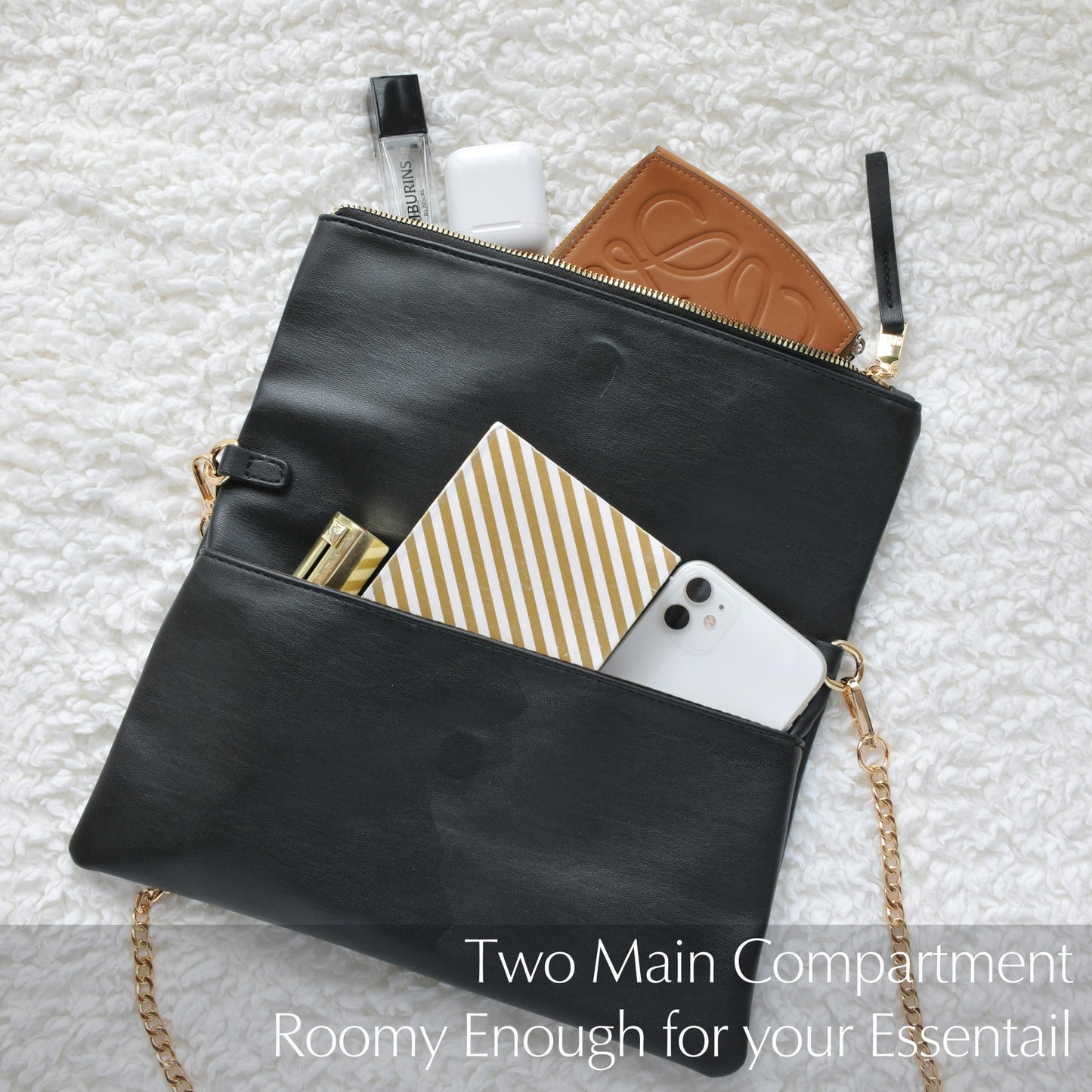 Women's Zipper Foldover Clutch Vegan Leather Envelope Cross body Bag with Chain Strap (Black)