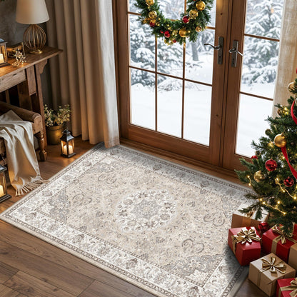 Washable Hallway 3x4 Floor Mats: Farmhouse Non-Slip Kitchen Sink Area Rug Water-Resistant Small Carpet for Living Room Bathroom Thin Soft Doormat Easy-Clean Decorative Rug for Pets Family(3x4,Beige)