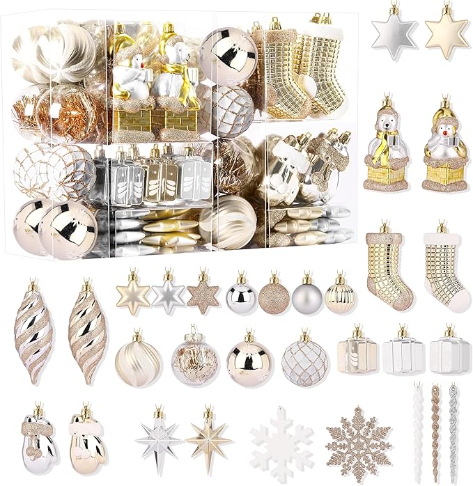 Alupssuc 112pcs Christmas Balls Ornaments Set, Shatterproof Plastic Baubles Christmas Penguin, Polar Bear for Xmas Tree Holiday Wedding Party Decorations with Hanging Strings, Gold, Silver and White