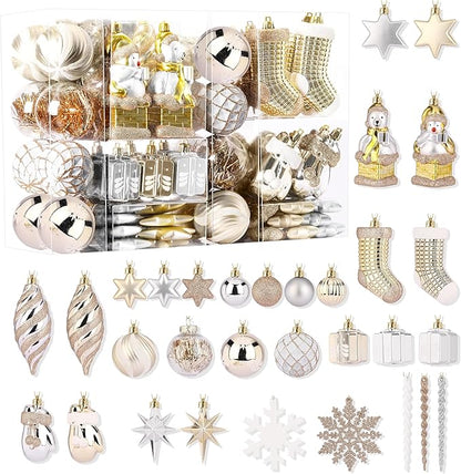 Alupssuc 112pcs Christmas Balls Ornaments Set, Shatterproof Plastic Baubles Christmas Penguin, Polar Bear for Xmas Tree Holiday Wedding Party Decorations with Hanging Strings, Gold, Silver and White
