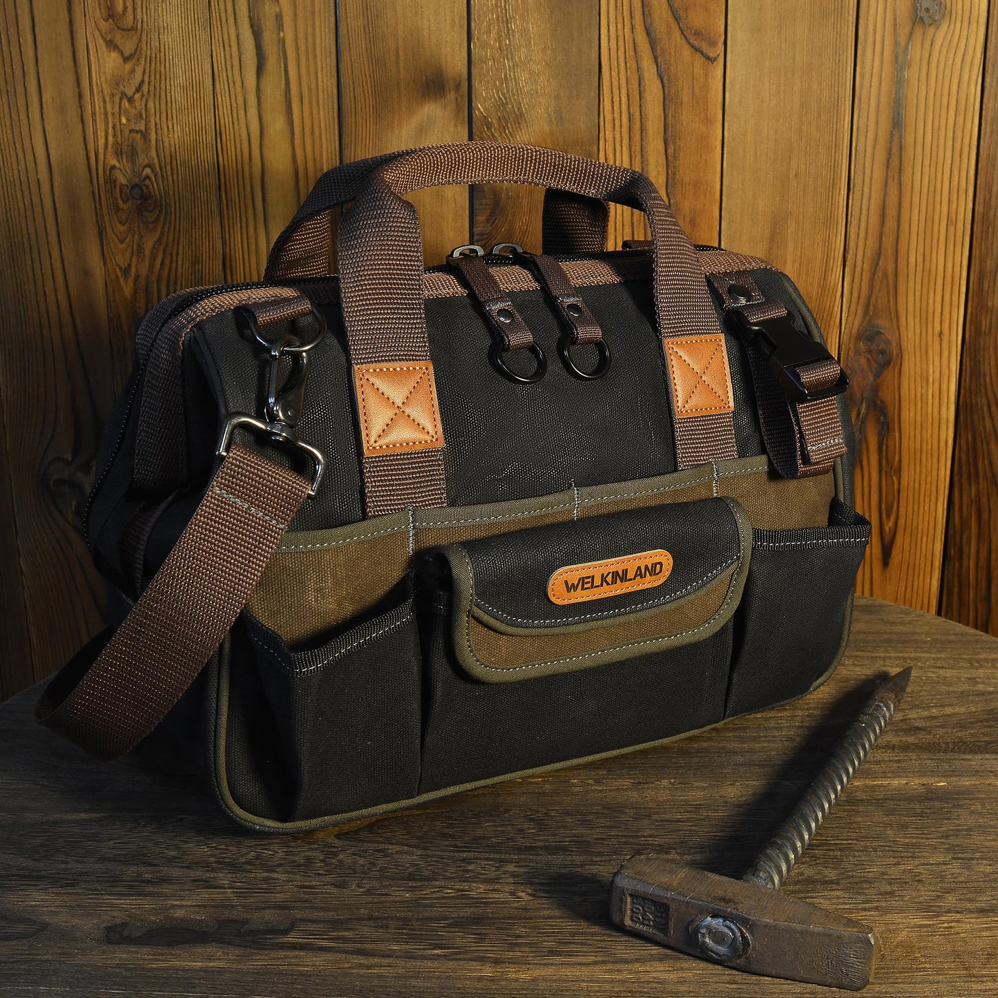 WELKINLAND 30-Pockets Canvas tool bag, 14-Inch Heavy Duty Waxed bags heavy duty, Tool duffel, Lineman Electrician for electricians,Tool men duty Black/Brown/Olive
