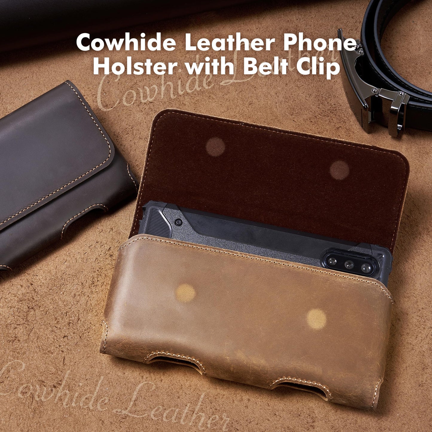 Gcepls Cowhide Leather Phone Holster with Belt Clip for Samsung Galaxy S25,S24,S23,S22,S21 Ultra,Universal X-Large Cell Phone Belt Holder for Man, Brown-XL