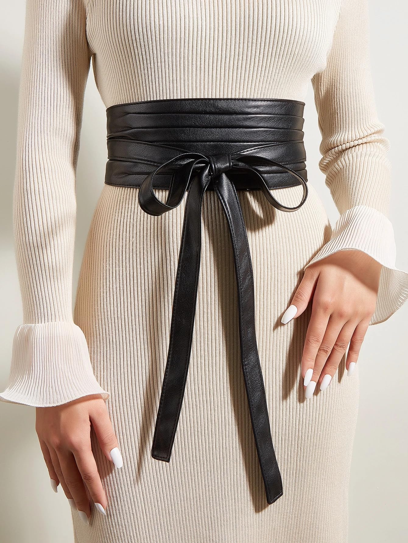 Fuimsul Women Elegant Pu Leather Obi Belt Fashion Solid Color Faux Leather Wide Waistband Tie Knotted Belt for Dress (Black)