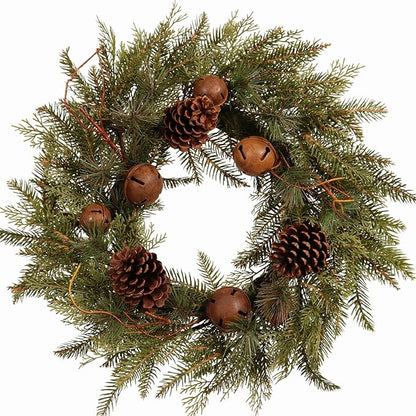 22-Inch Handcrafted Artificial Christmas Wreath with Pinecones, Rust Bell, and Lifelike Pine Branches Winter Holiday Wreath for Front Door and Home Décor, Indoor/Outdoor Seasonal Décor