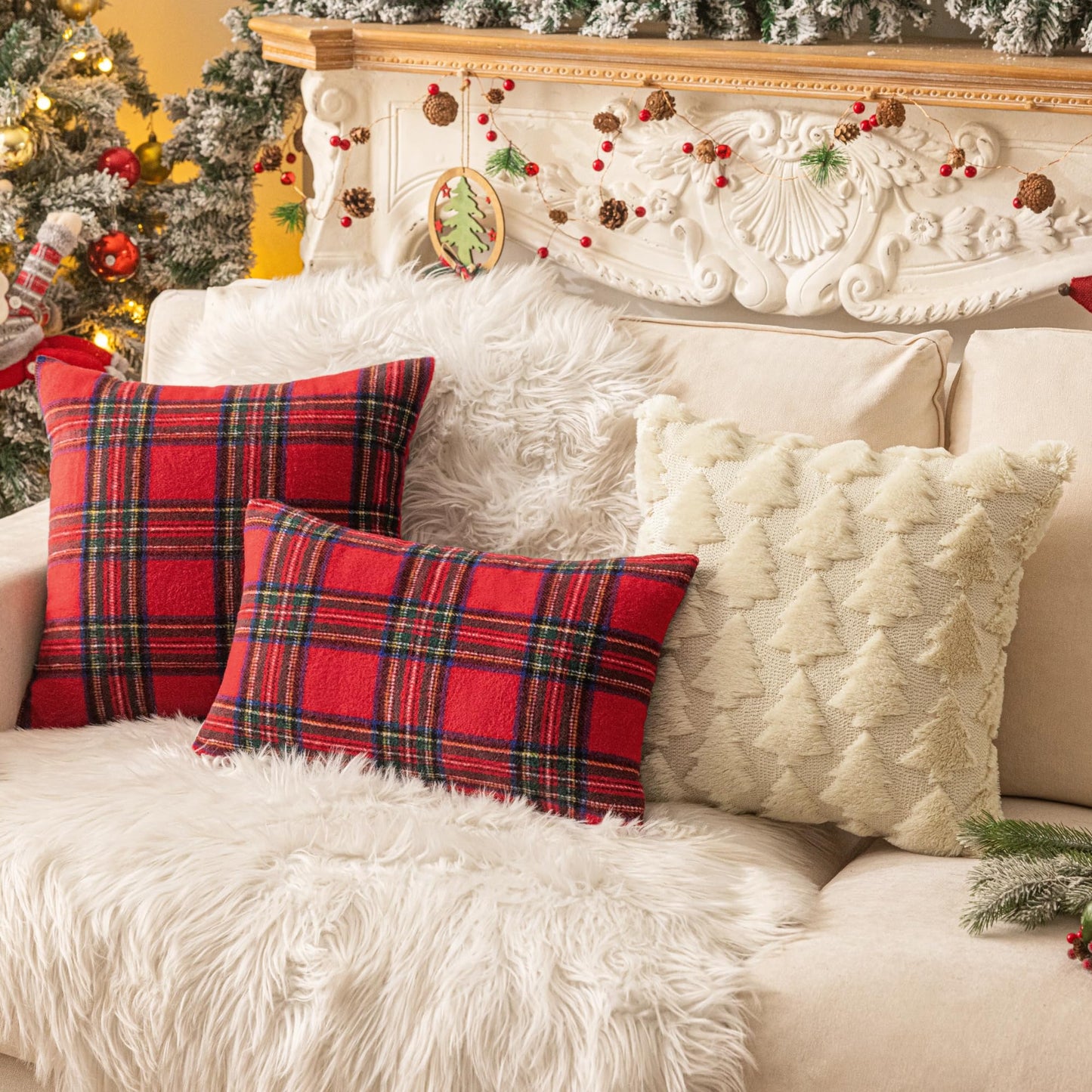 AQOTHES Christmas Plaid Throw Pillow Covers Set of 2 Scottish Tartan Winter Farmhouse Cushion Cover for Couch Sofa Bed Porch Home Holiday Decor Red 24 x 24 Inch