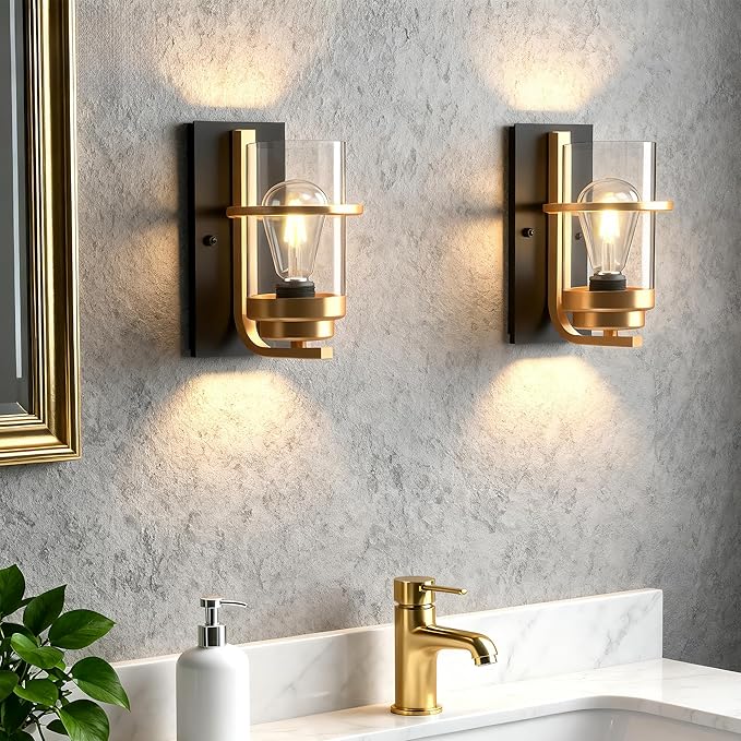 Black and Gold Sconces,Small Bathroom Wall Sconces,Elegant Gold Sconces,Vanity Wall Light Single(Bulbs not Included)