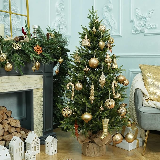 SHareconn 145pcs Christmas Balls Ornaments Set, Shatterproof Plastic Baubles Snowflakes, Stars and Tree Topper for Xmas Tree Holiday Wedding Party Decorations with Hanging Strings, Bronze Gold