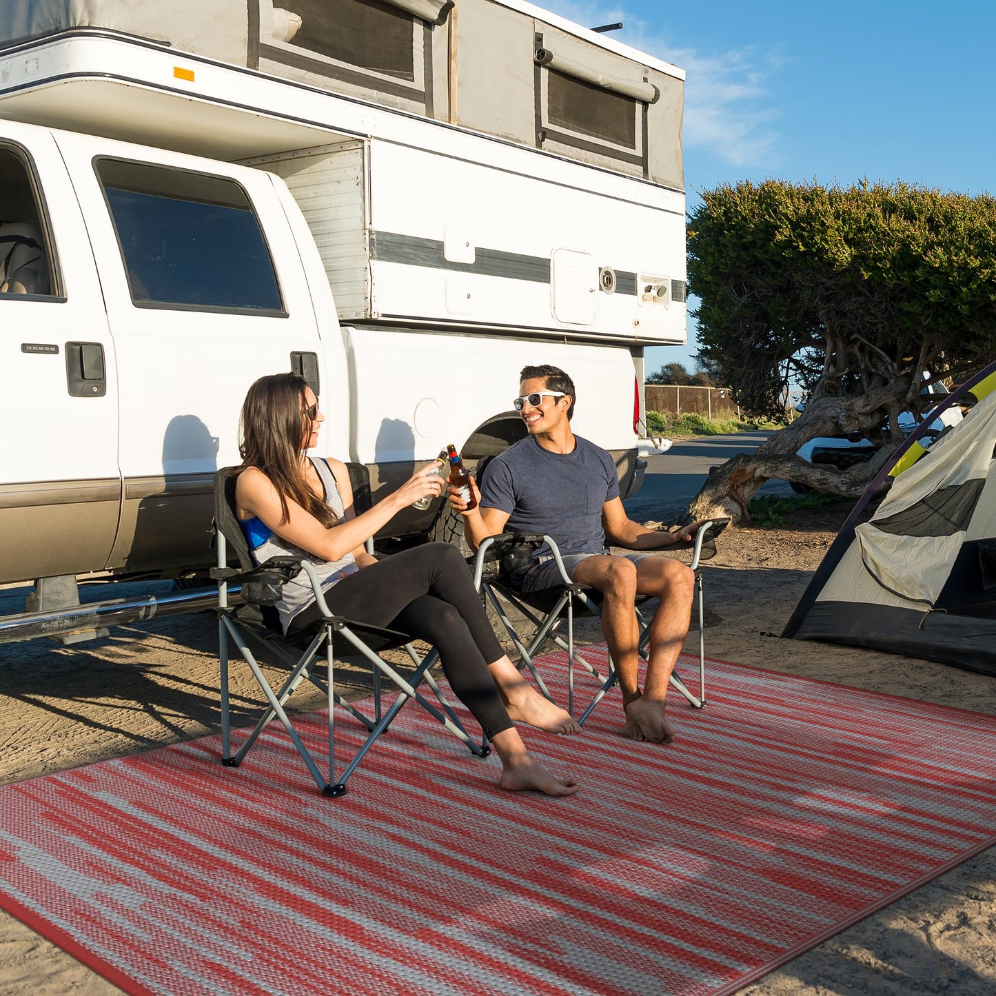 GENIMO Outdoor Rug for Patio Clearance, 6'x9' Waterproof Camping Mat, Reversible Plastic Straw Rugs for RV, Camper, Balcony, Backyard, Picnic, Deck (Red Grey)