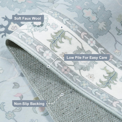 LIVEBOX Washable Grey 5x7 Rug, Soft Oushak Area Rugs for Living Room, Non Slip Boho Dining Room Rug Under Table, Turkish Floral Ultra Thin Floor Carpet for Bedroom Home Office, Grey