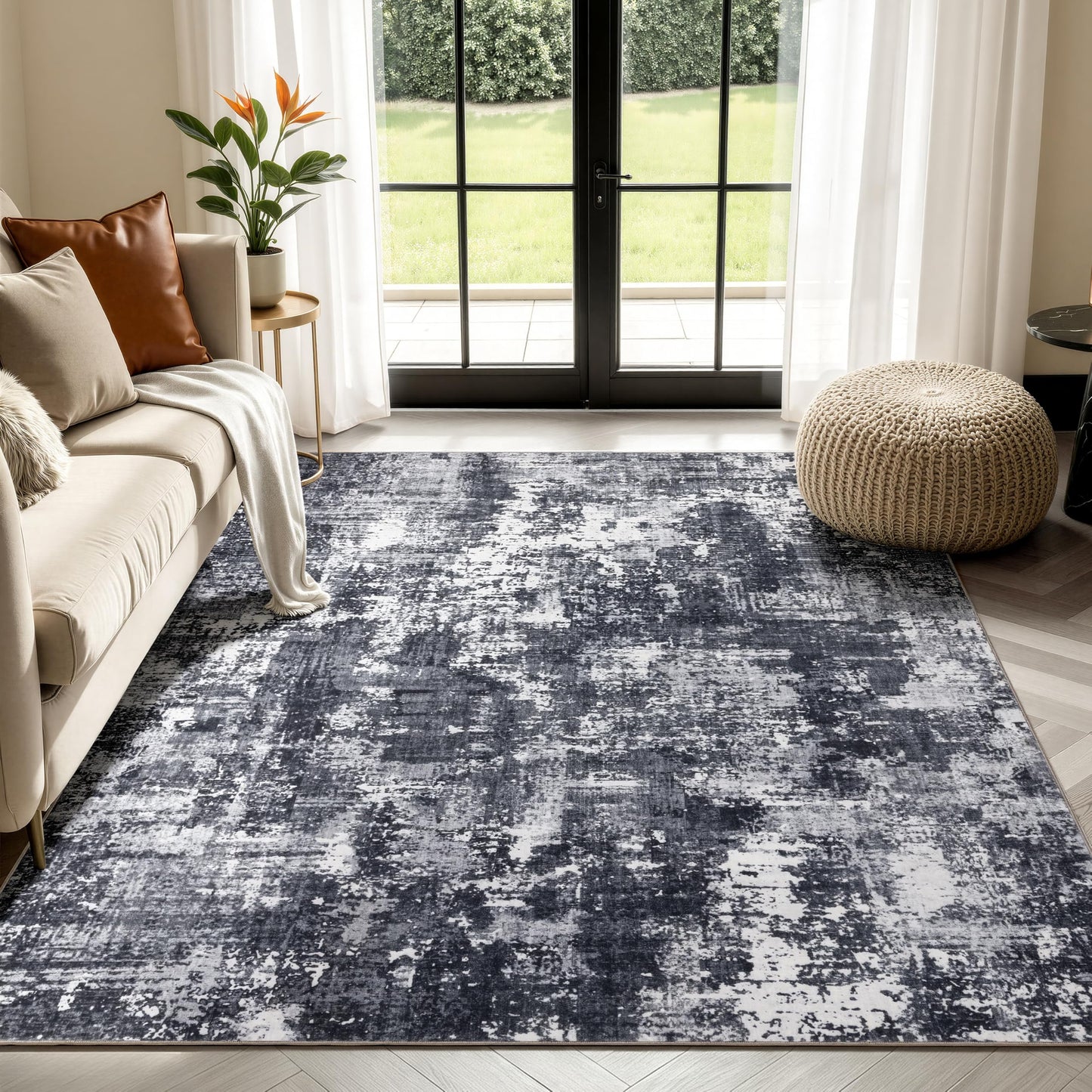 Sasttie 8x10 Soft Area Rug for Living Room, Modern Abstract Washable Large Carpet for Bedroom, with Non-Slip Backing, Black and White