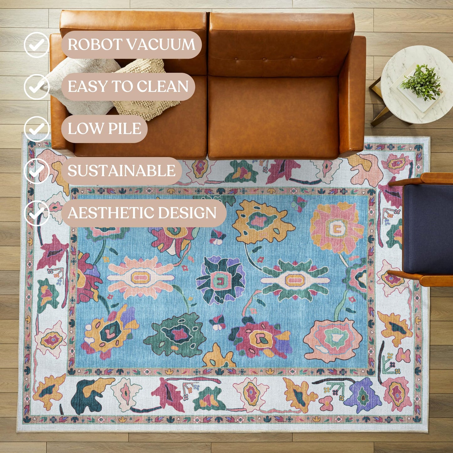 Fame Living Colorful Oushak Runner Rug, Modern Runners, Turkish, Eclectic, Floral, Pastel, Washable, Small Throw Rugs, Short Runner for Entryway, Laundry, Foyer, Bedroom, Kitchen, Bathroom, 2'5"x6'5"