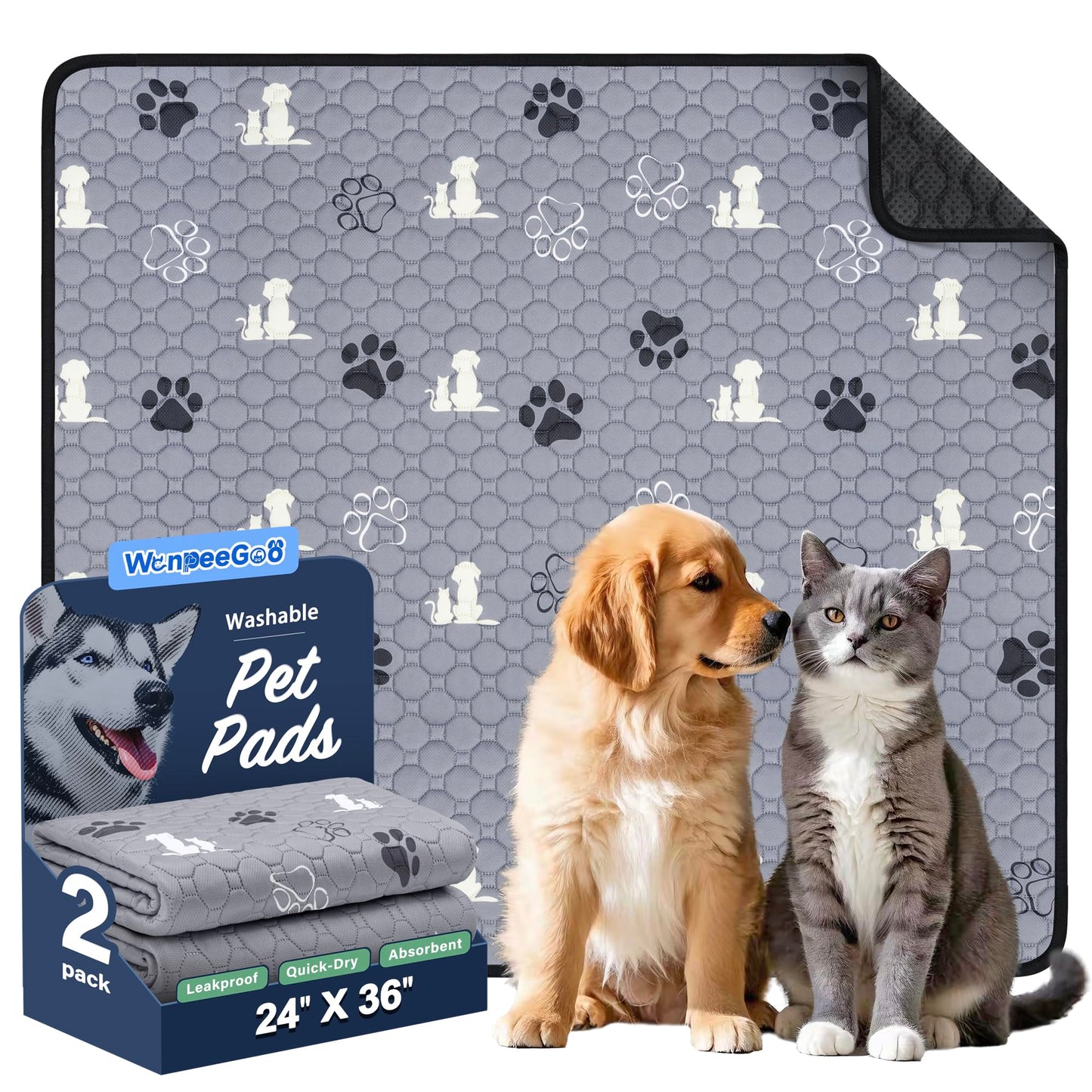 WanpeeGoo Washable Pee Pads for Dogs Mat, 2 Pack Absorbent Reusable Training Dog Pads Pet Puppy Pads, Non-Slip Potty Pads for Whelping, Playpen, Crate, Bed, Grey 24"x36"