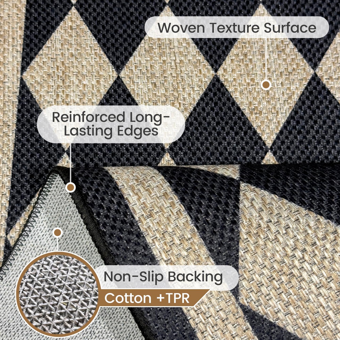 JROSING Washable Checkered Easy Jute Rug 5x7, Black Checkerboard Geometric Modern Outdoor Indoor Patio Large Rugs, Woven Thin Carpet Mat for Living Dining Room Bedroom Classroom Kids Nursery Play Room