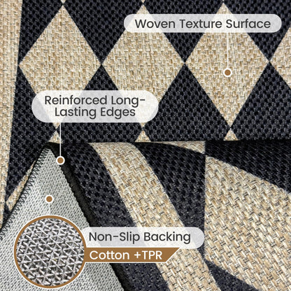 JROSING Washable Checkered Easy Jute Rug 5x7, Black Checkerboard Geometric Modern Outdoor Indoor Patio Large Rugs, Woven Thin Carpet Mat for Living Dining Room Bedroom Classroom Kids Nursery Play Room