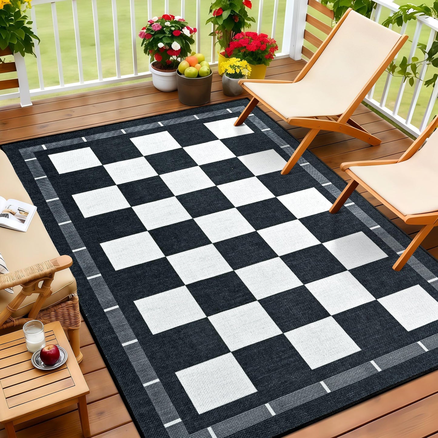 Vasofe Checkered Jute 5x7 Area Rugs, Washable Outdoor Patio Rug for Living Room Indoor Carpet, Non-Slip Farmhouse Geometric Non Slip Carpet for Backyard Dining Room Bedroom, Black and White