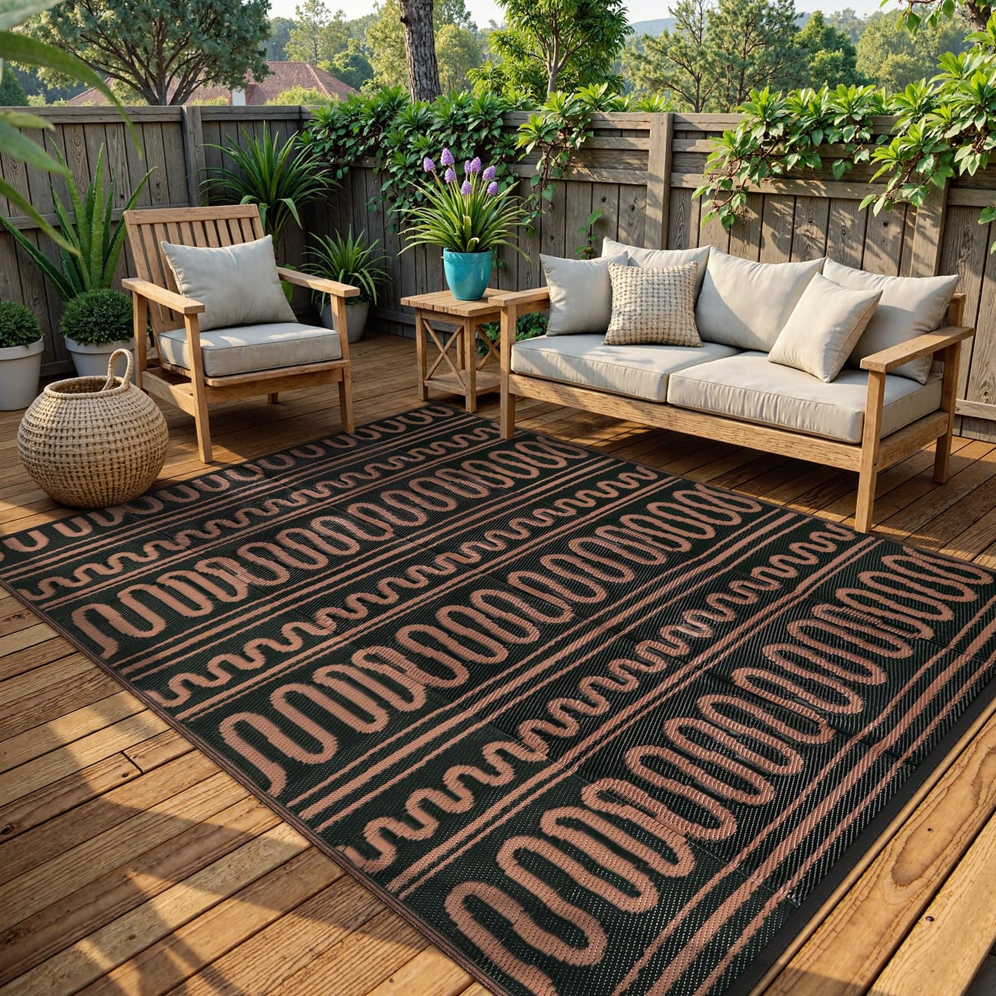 Beeiva Outdoor Rug 8x10 Waterproof for Patio, Reversible Plastic Straw Rug for Deck, Backyard, RV Camping, Black Brown