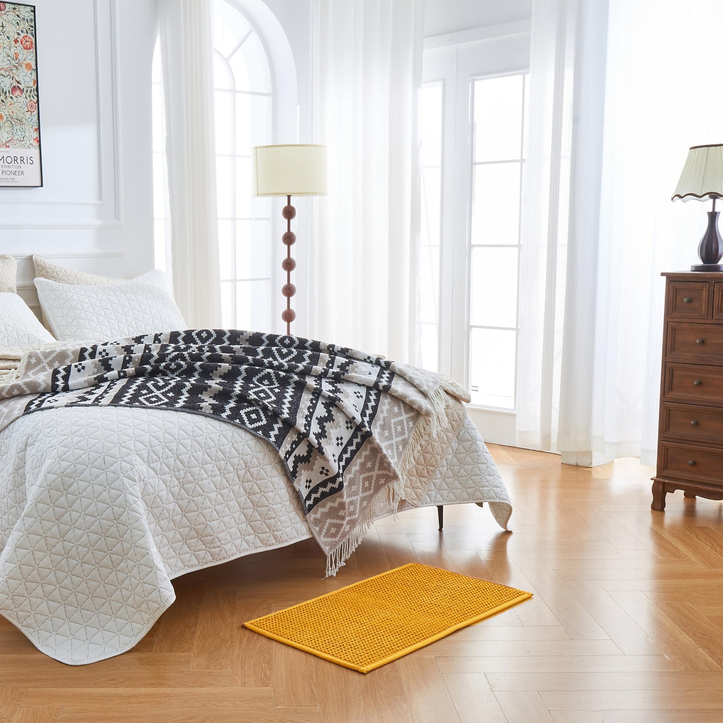 Douceur Chenille Waffle mat with Patented noslip Backing, Acrylic Blend Chenille Absorbent Bathroom Rugs, Cushioned mesh Backed Bath Rug Machine Washable, 18" x 32", Mustard Yellow