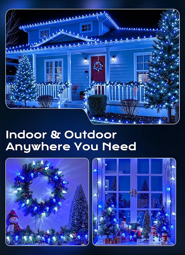C9 Christmas Outdoor Lights, 72 FT 110 LED C9 String Lights, 8 Modes & Timer Extendable Waterproof for Christmas Tree Indoor Outdoor Roofline Patio Outside Garden Backyard Xmas Decor, Blue White