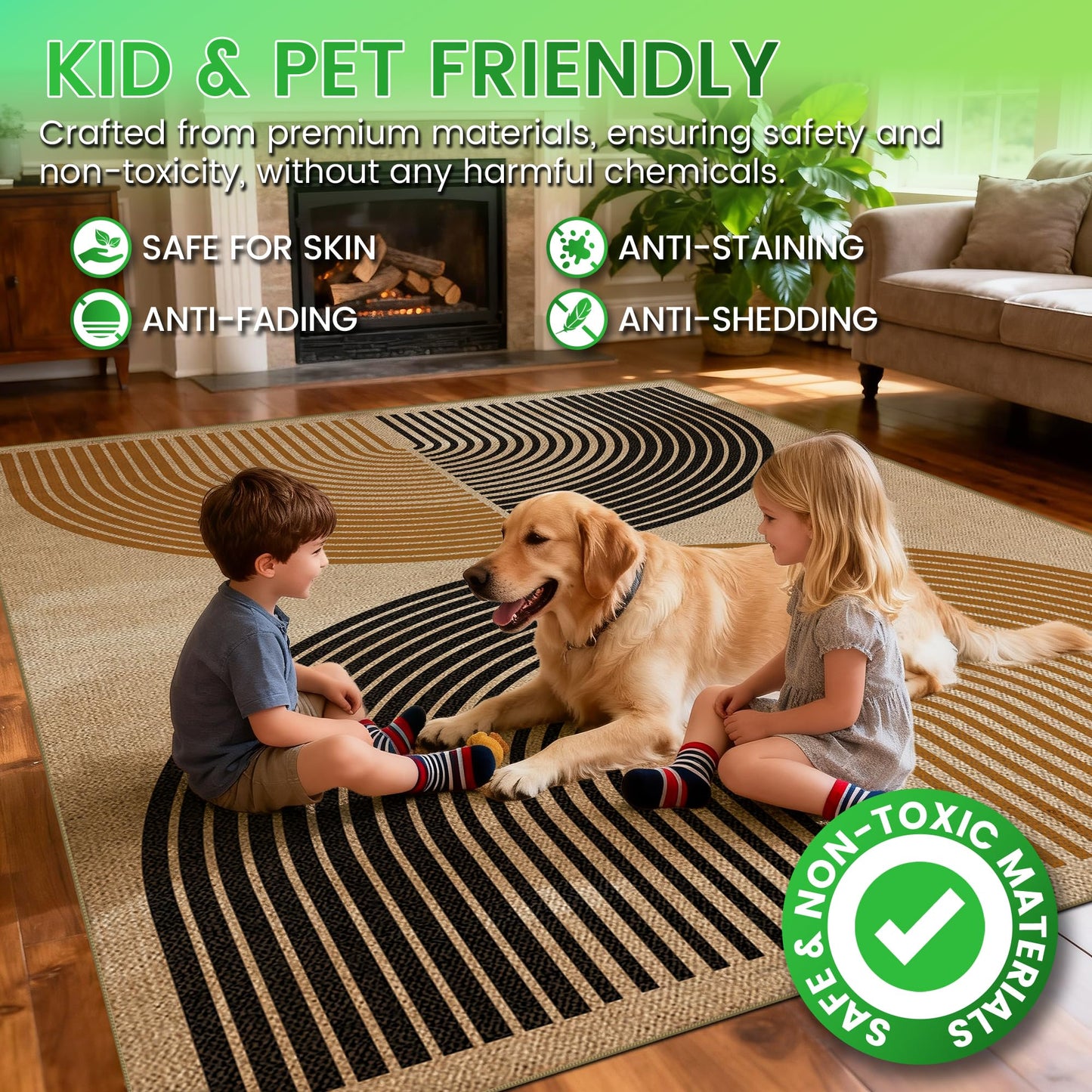 JROSING Washable Rainbow Easy Jute Rug 5x7, Neutral Geometric Modern Outdoor Indoor Patio Farmhouse Large Rugs, Woven Non Slip Thin Carpet for Living Dining Play Room Bedroom Classroom Kids Nursery
