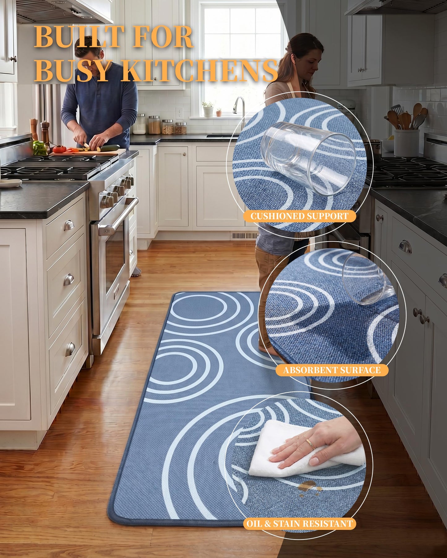Washable Kitchen Rug Set of 2 Non Slip Runner Rug and Mat Blue Circle