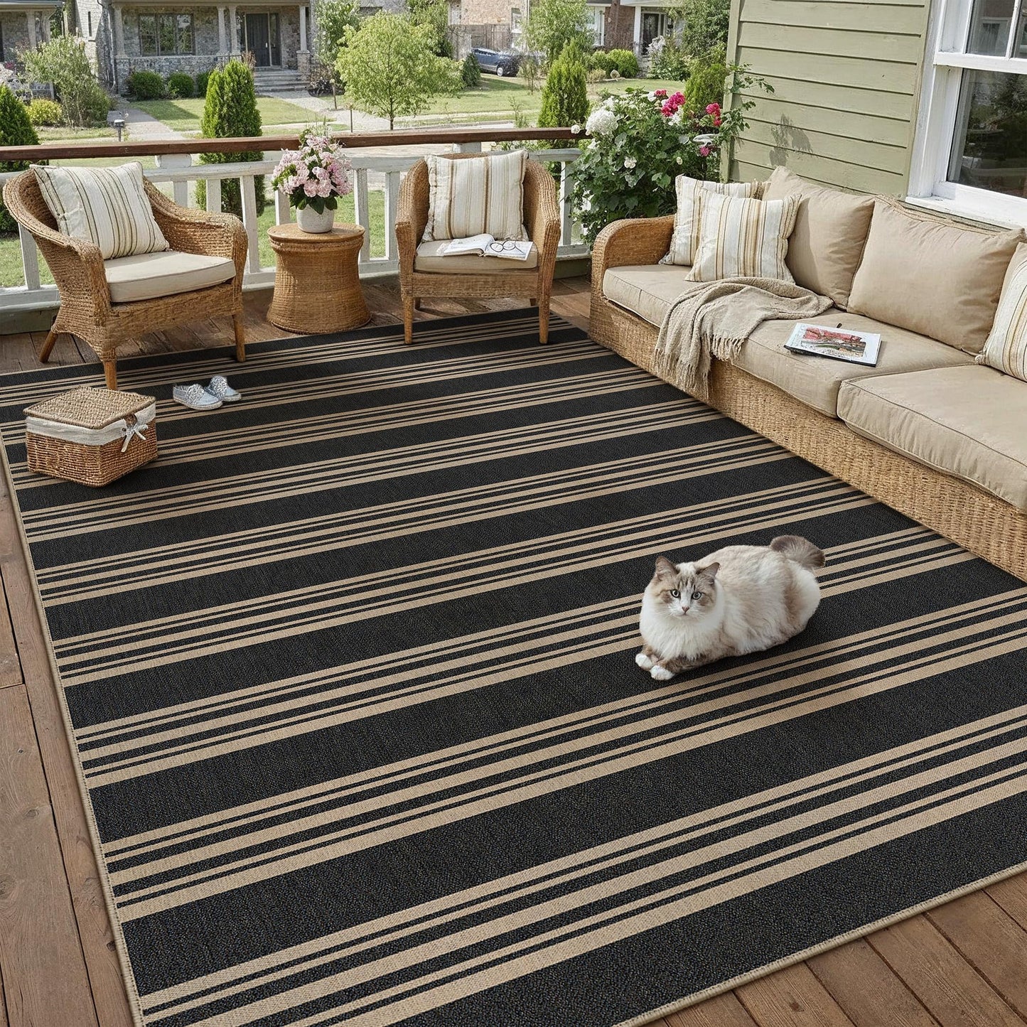PureCozy Striped Easy Jute Rug 5x8 Black Living Room Carpet Washable Non Slip Bedroom Office Rug Farmhouse Neutral Non Shedding Indoor Outdoor Large Carpet for Kitchen Dining Room