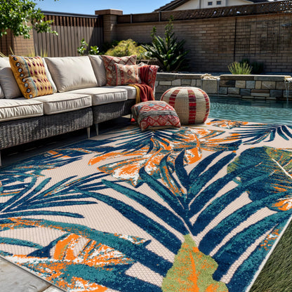 Rugshop Tropical Floral Leaves Indoor/Outdoor Area Rug Durable Polypropylene, Non-Shedding, Easy to Clean, Perfect for Patio, Backyard, Deck and Outdoor Lounge, High Traffic Areas, 7'10" x 10'