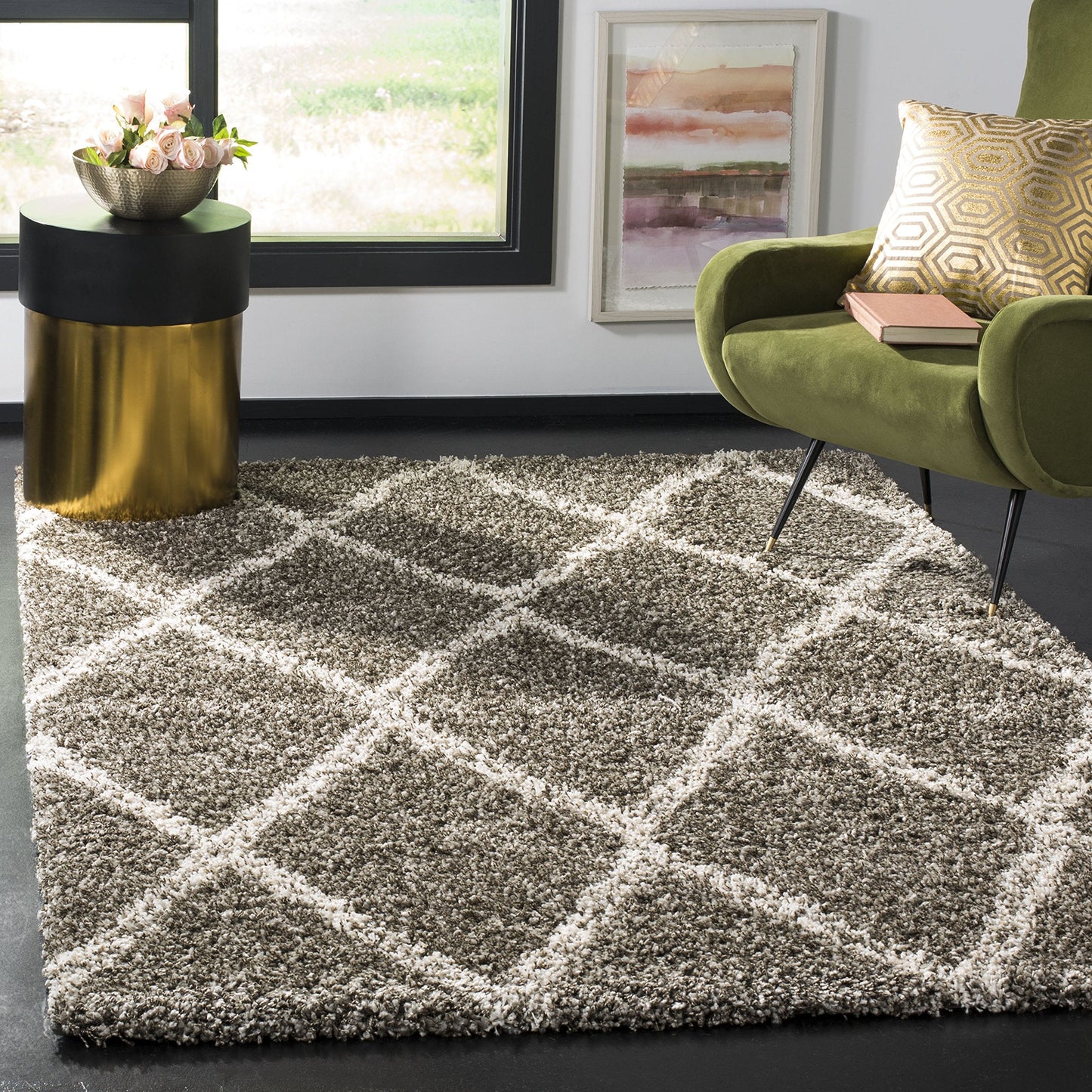 SAFAVIEH Hudson Shag Collection Accent Rug - 3' x 5', Grey & Ivory, Trellis Design, Non-Shedding & Easy Care, 2-inch Thick Ideal for High Traffic Areas in Entryway, Living Room, Bedroom (SGH329B)