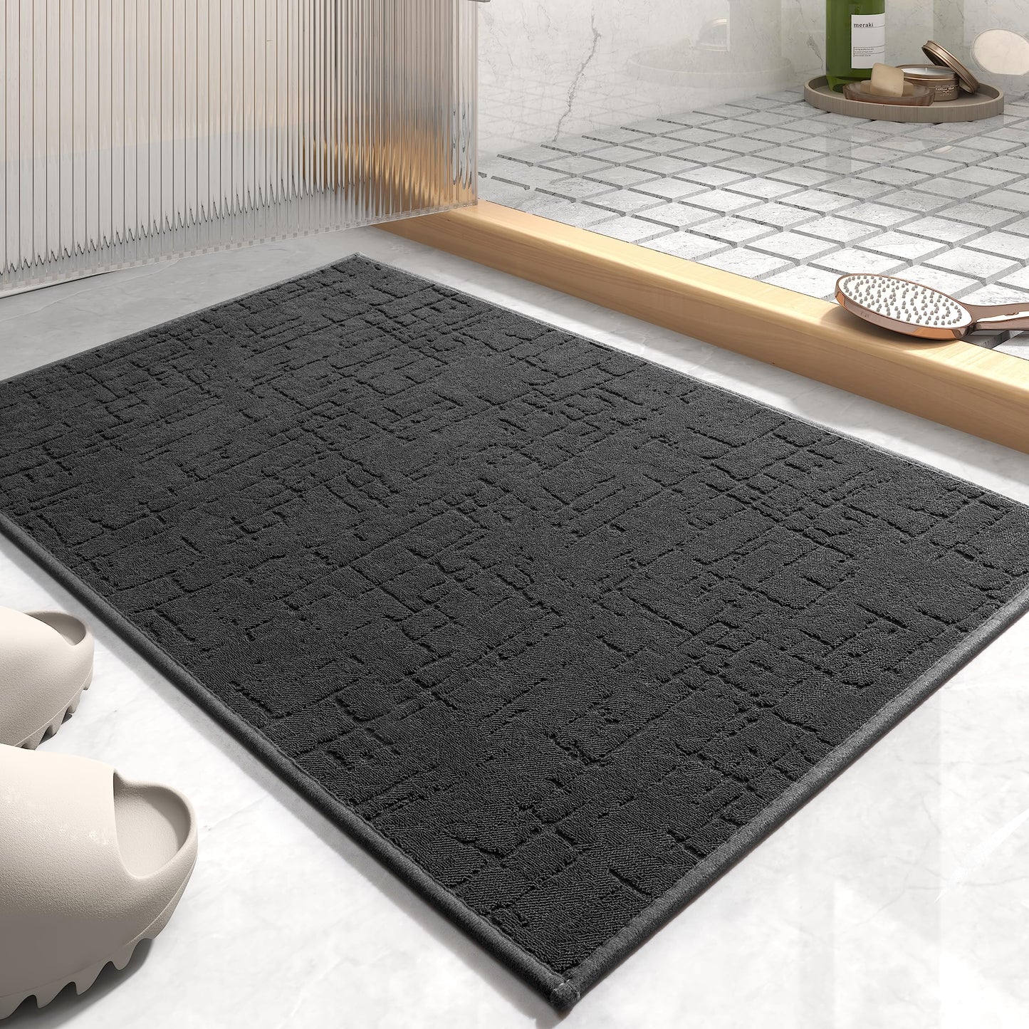 AMOAMI-Bath Mat-Absorbent Quick Dry Bathroom Floor Mats-Washable Rubber Backing Bath Mats for Bathroom Rugs Fit Under Door-Bath Rug for in Front of Sink Bathtub Shower Room, Dark Grey 17''x24''