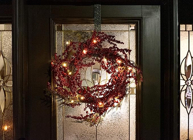 Red Co. 22” Light-Up Christmas Wreath with Red Cranberries, Battery-Operated LED Lights with Timer