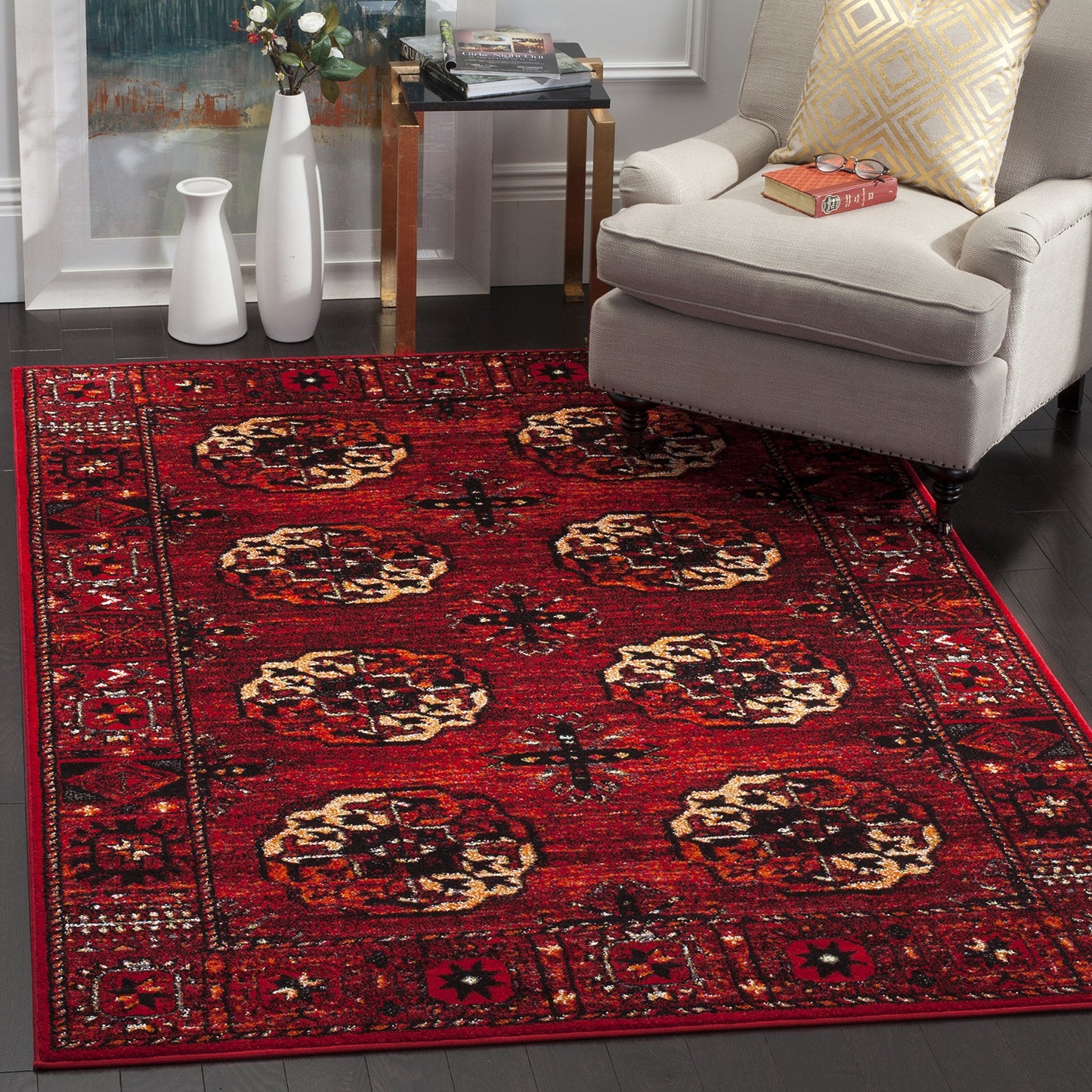 SAFAVIEH Vintage Hamadan Collection Area Rug - 6'7" x 9', Red & Multi, Oriental Traditional Persian Design, Non-Shedding & Easy Care, Ideal for High Traffic Areas in Living Room, Bedroom (VTH212A)