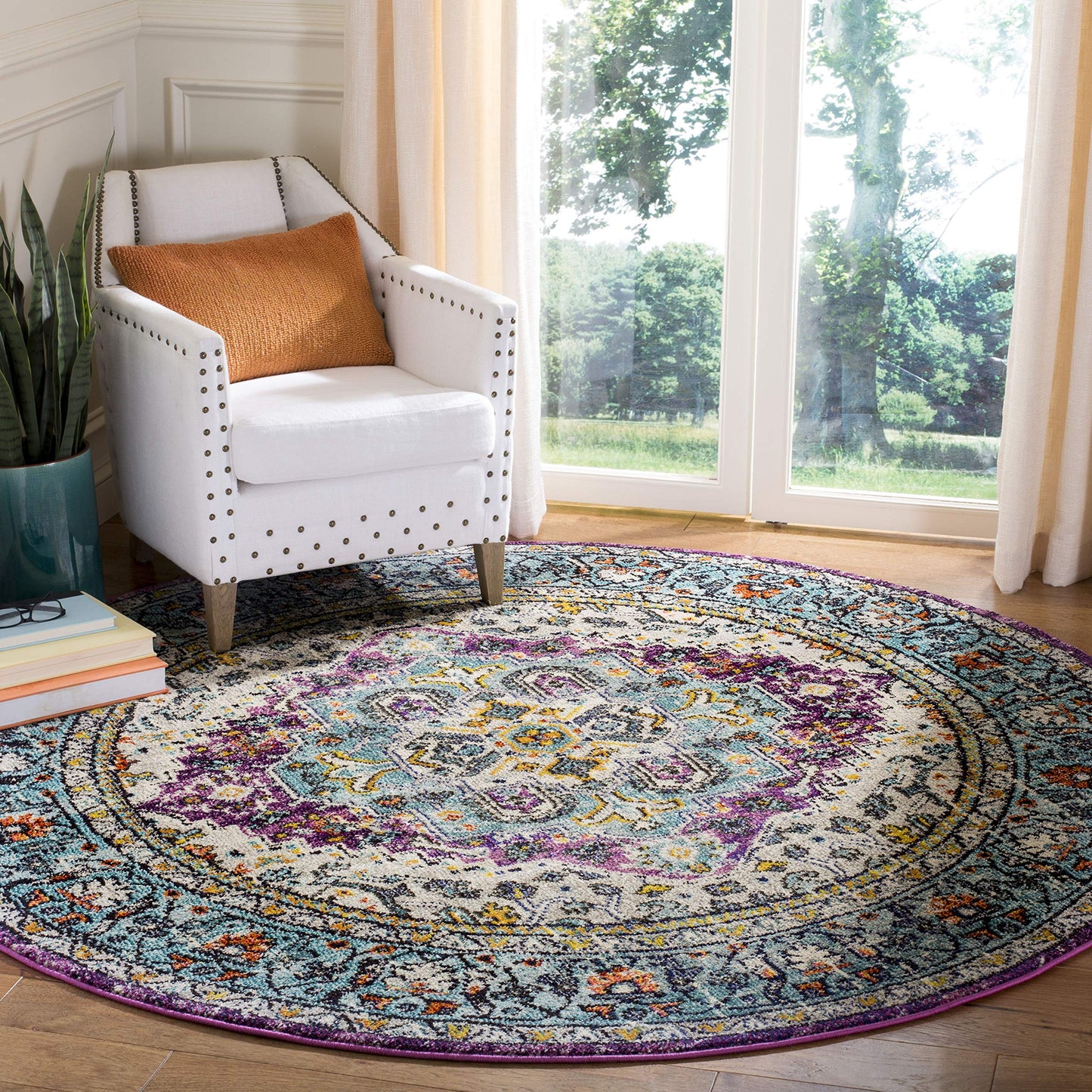 SAFAVIEH Monaco Collection 6'7" Round Violet/Light Blue MNC251L Boho Chic Medallion Distressed Non-Shedding Dining Room Entryway Foyer Living Room Bedroom Area Rug