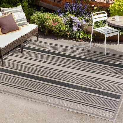 JONATHAN Y Double Stripe Indoor Outdoor Area Rug 5X8 Black/Beige, Haynes Modern for Backyard, Patio, Porch, Easy-Cleaning, High Traffic, Pet-Friendly, Non-Shedding (SMB202D-5)