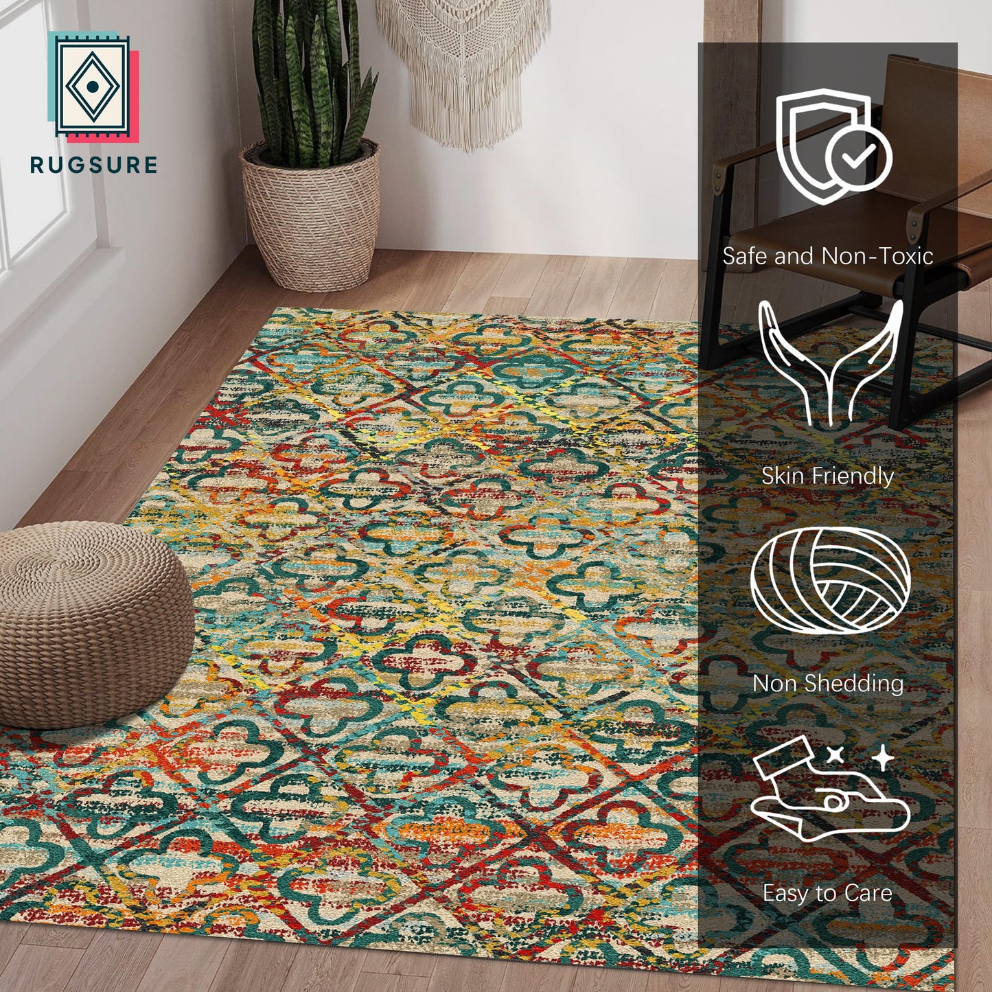 RUGSURE Washable Area Rugs, 4' x 6' - 1/6 Thick - Stain & Water Resistant Non-Slip - Perfect Resistant Rug for Living Room, Bedroom, Nursery, Pet & Child Friendly, Vibrant Colors Rugs, Multicolor