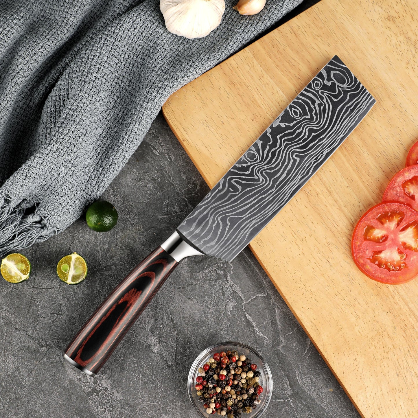 Seido Knives Master 7 Inch Nakiri Knife – High Carbon Stainless Steel Damascus Pattern Blade Full-Tang Balance Ergonomic Pakkawood Handle