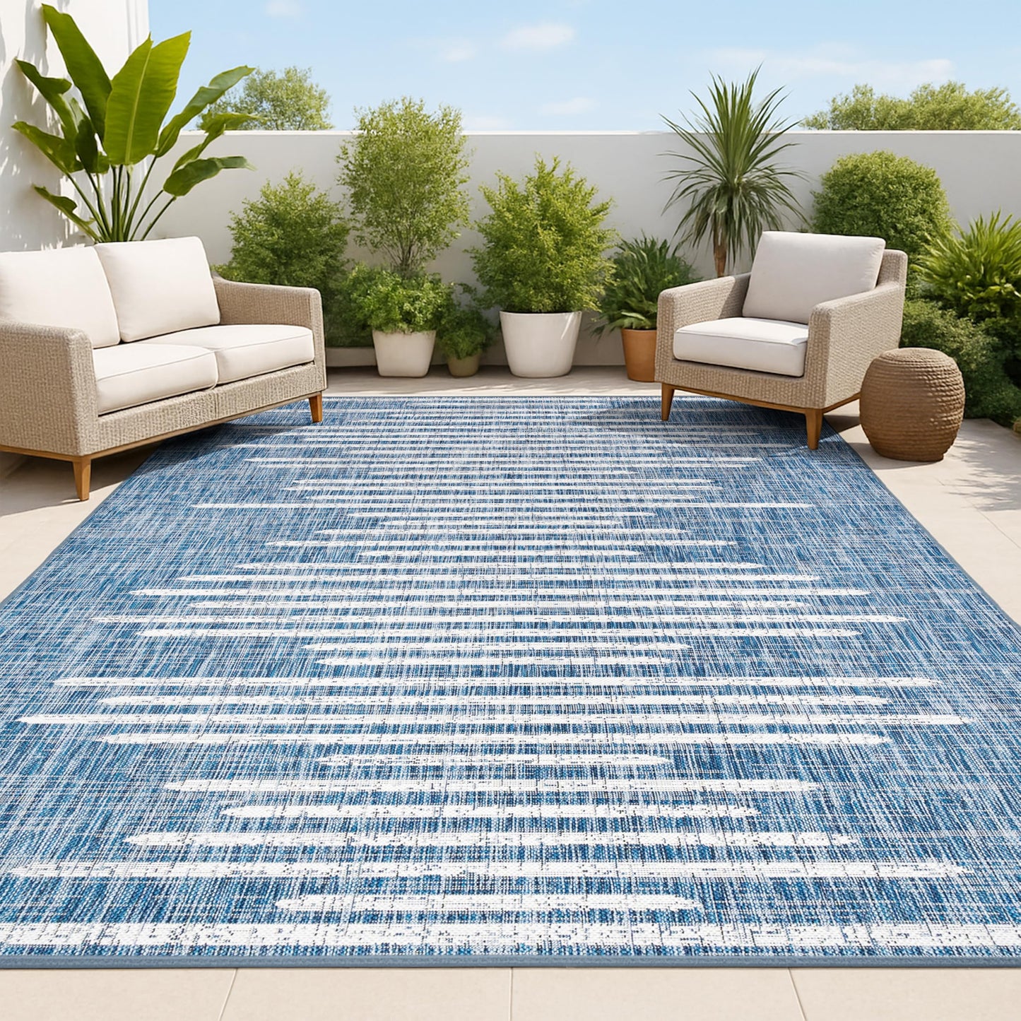 JONATHAN Y Stripe Geometric Indoor Outdoor Area Rug 8X10 Blue/Ivory, Zolak Berber for Backyard, Patio, Porch, Easy-Cleaning, High Traffic, Pet-Friendly, Non-Shedding (SMB124C-8)